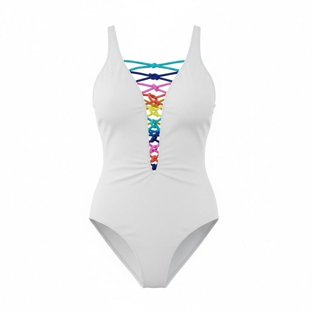 Women’s Bleu Rod Beaattie Twisted knots Rainbow swimsuit size 8 Bright Colorful
